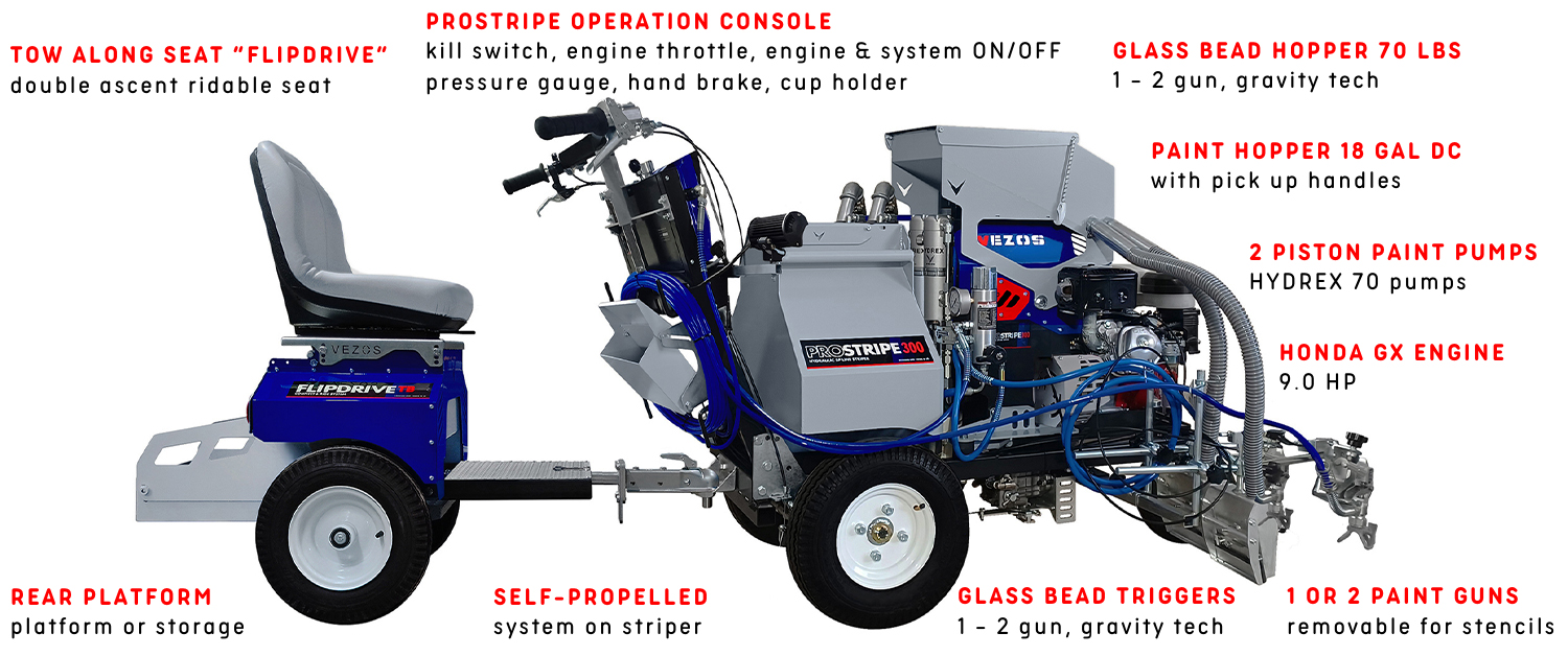 self propelled line striper vezos prostripe 300 dual color - rider seat flipdrive